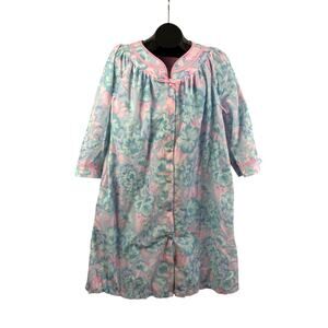 VTG Intimate Moods 2X Floral Snap Front Housecoat Pink Blue Robe